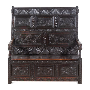 Appraisal: A William and Mary Style Carved Oak Settle Circa Height