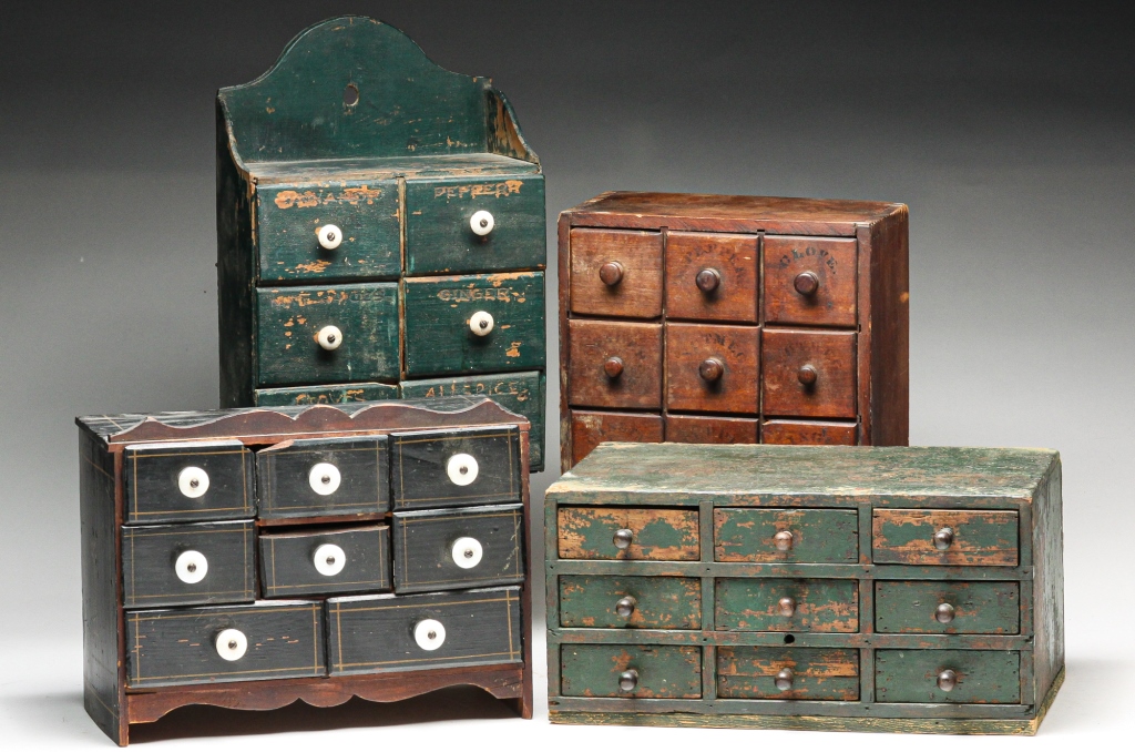 Appraisal: THREE AMERICAN SPICE CABINETS A CASE OF DRAWERS Second half