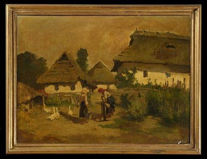 Appraisal: VILLAGE SCENE WITH WOMAN AND GEESE Oil on canvas relined