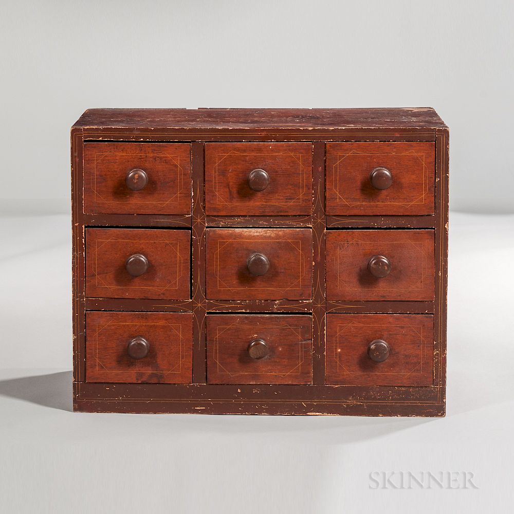 Appraisal: Red-painted Nine-drawer Spice Chest Red-painted Nine-drawer Spice Chest New England