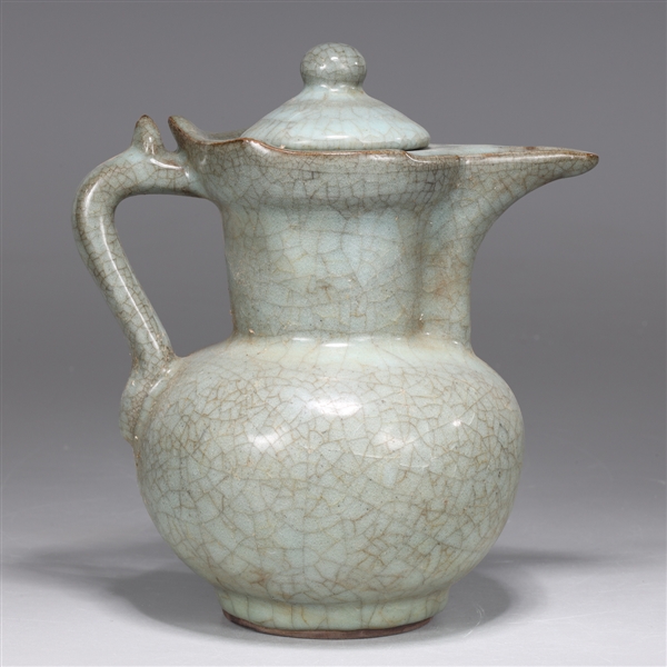 Appraisal: Chinese celadon crackle glazed covered ewer of unusual form as-is