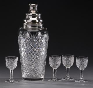 Appraisal: Cocktail shaker with cordial glasses Cut crystal cocktail accessories comprising