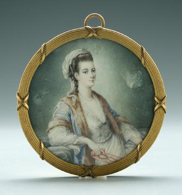 Appraisal: Portrait miniature manner of Cosway seated woman wearing fur trimmed