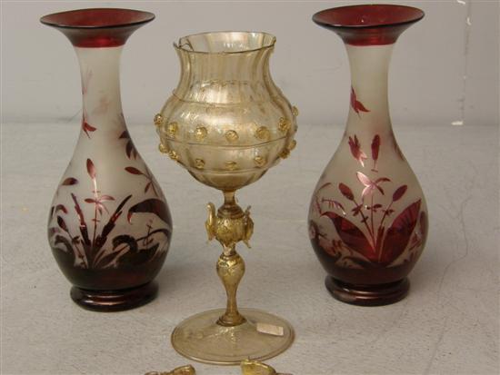 Appraisal: Pair of German engraved red glass vases Height inches and