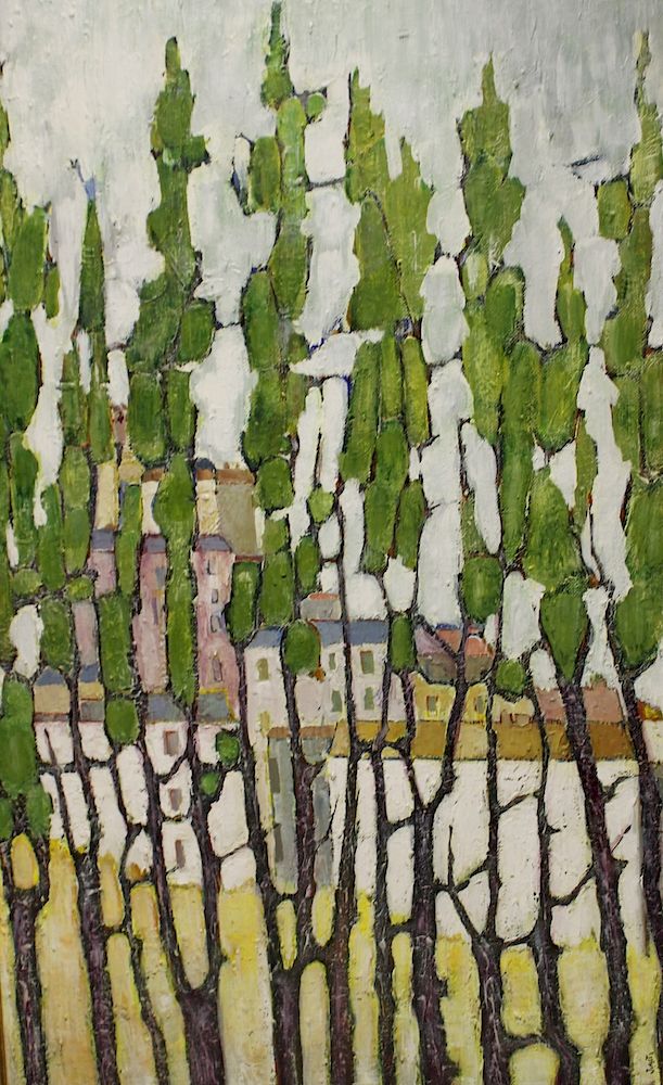 Appraisal: MNICHELE Juristo Signed Oil On Board Houses Amongst Trees Signed