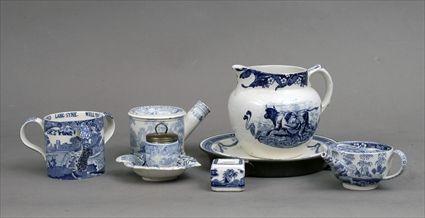 Appraisal: Eight Staffordshire Blue Transfer-Printed Pottery Articles Including an invalid feeder