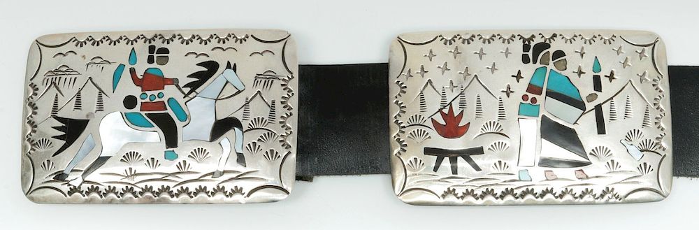 Appraisal: BENSON BOYD INLAID SILVER STORY TELLER CONCHO BELT An amazing