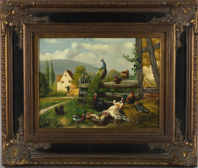 Appraisal: British School st Century Farm Scene with Fowl and Peacock