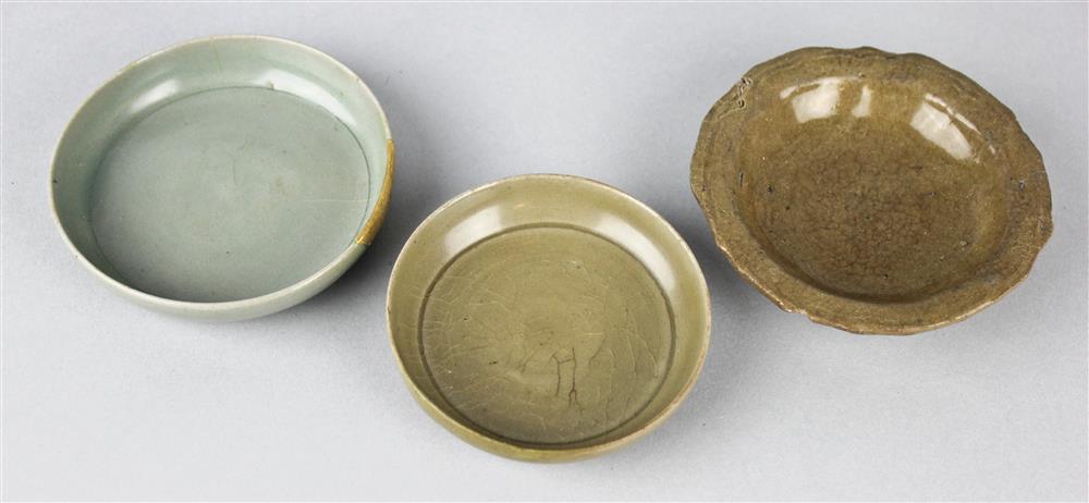 Appraisal: THREE KORYO SMALL CELADON-GLAZED DISHES TH CENTURY including one with