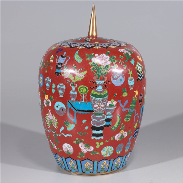 Appraisal: Chinese cloisonne enameled covered vase with gilt finial H x