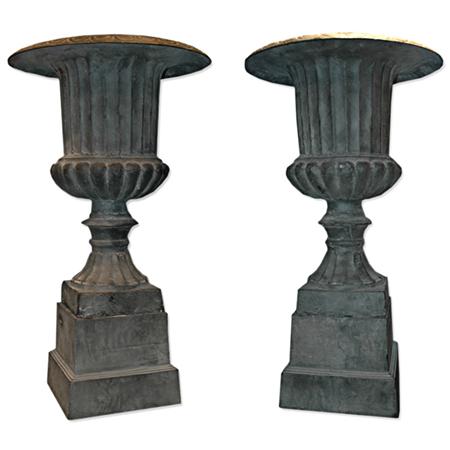 Appraisal: Pair of Neoclassical Style Wrought Iron Garden Urns Estimate -