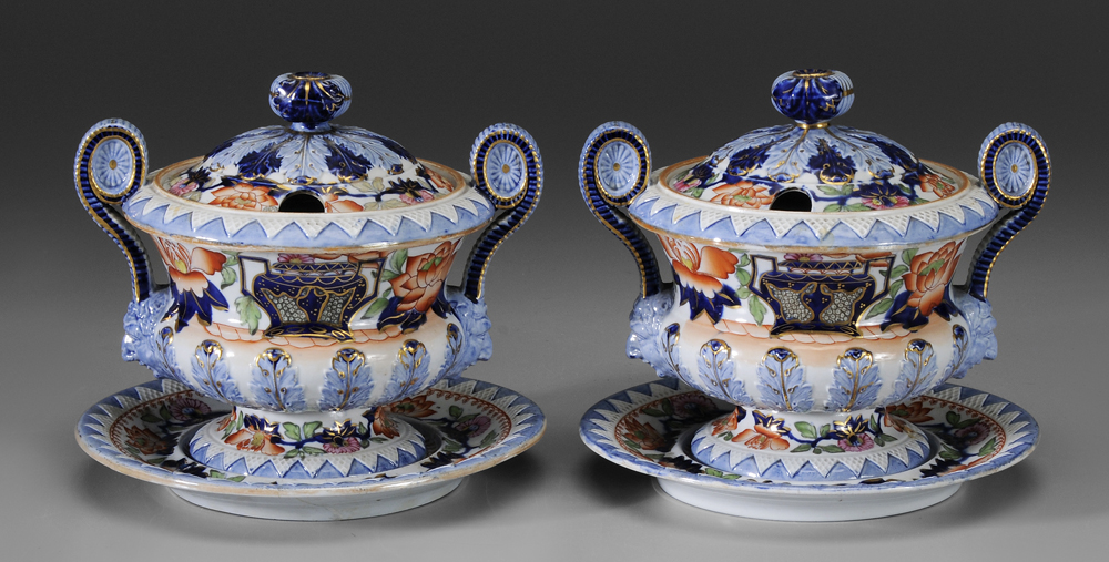 Appraisal: Pair Lidded Sauce Tureens British mid th century raised Imari