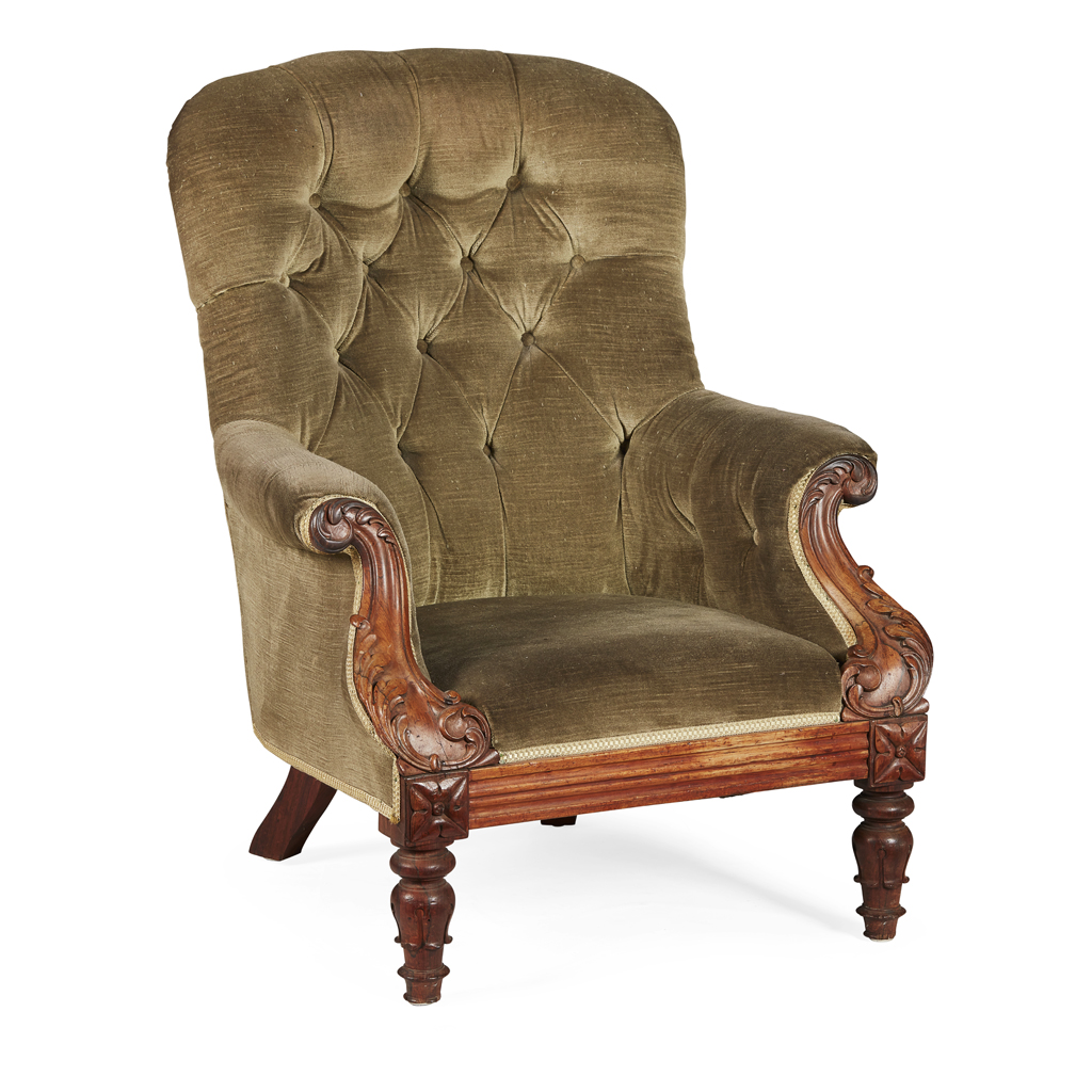 Appraisal: YWILLIAM IV ROSEWOOD ARMCHAIR EARLY TH CENTURY the curved button