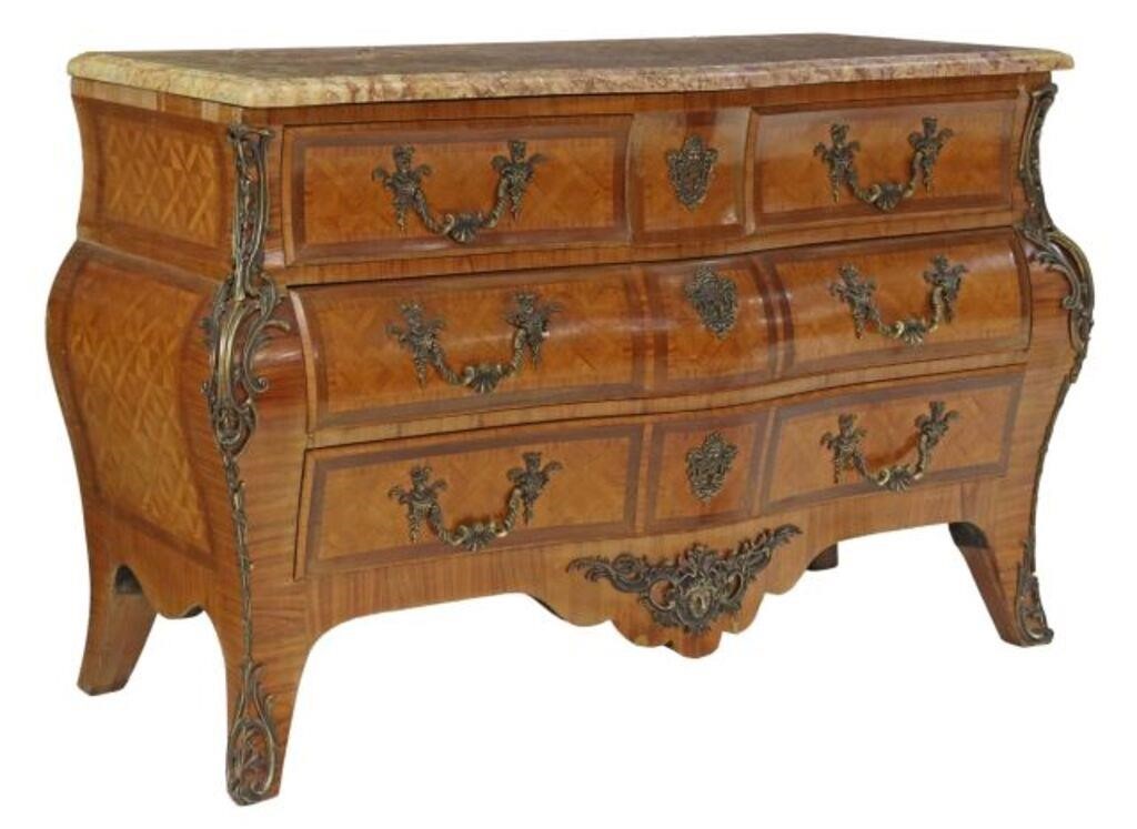 Appraisal: French Louis XV style marble-top bombe commode th c marquetry