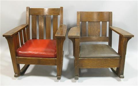 Appraisal: TWO ARTS CRAFTS MISSION STYLE OAK ROCKING CHAIRS Each with