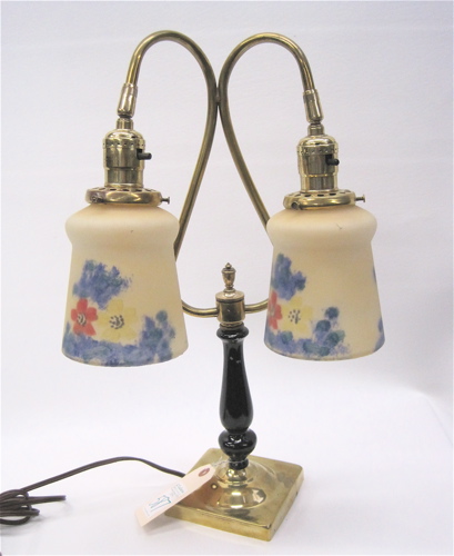 Appraisal: AMERICAN TABLE LAMP with pair of hand painted glass shades