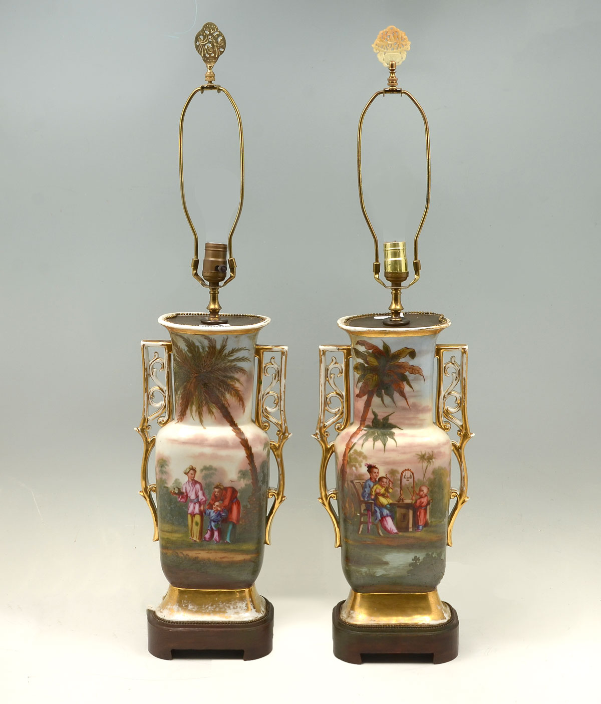 Appraisal: PR OF OLD PARIS LAMPS WITH PIERCED HANDLES Old Paris