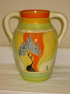 Appraisal: A CLARICE CLIFF WINDBELLS PATTERN ISIS SHAPED TWO HANDLED VASE