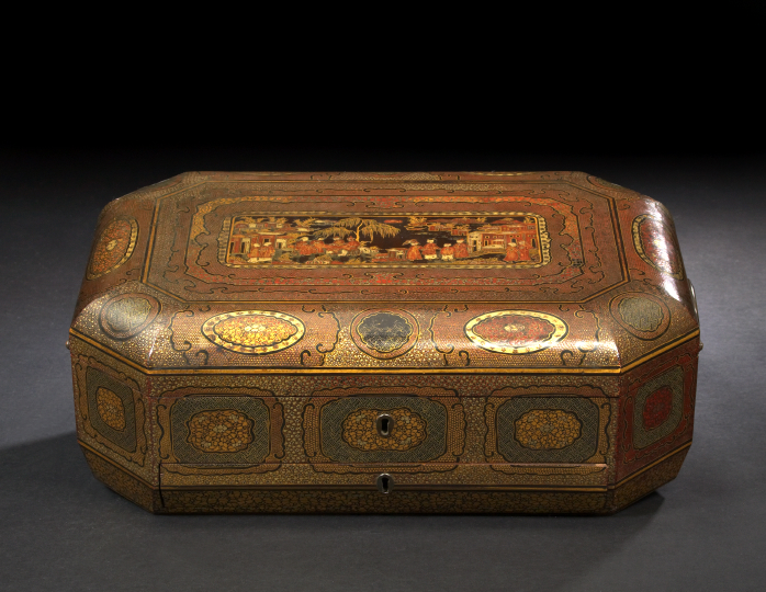 Appraisal: Good Large Chinese Export Trois-Couleur-Gilded Black Lacquer Workbox second quarter