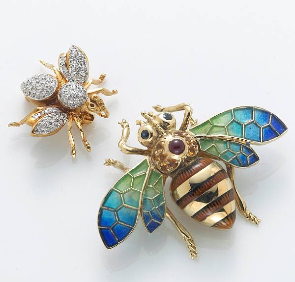 Appraisal: Two diamond plique-a-jour and k gold bee brooches