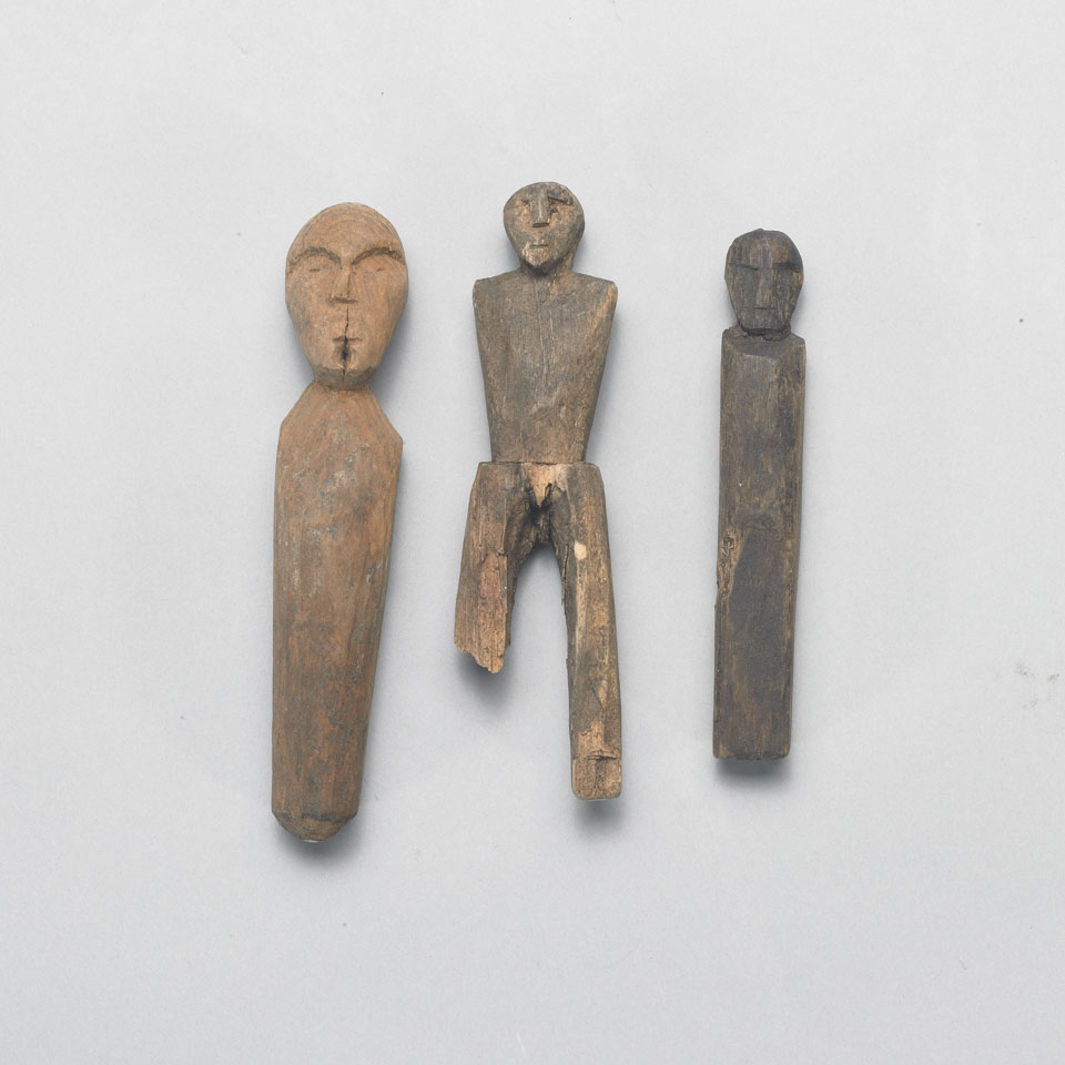 Appraisal: Unidentified THREE ARCHAIC DOLLS wood x x cm x cm