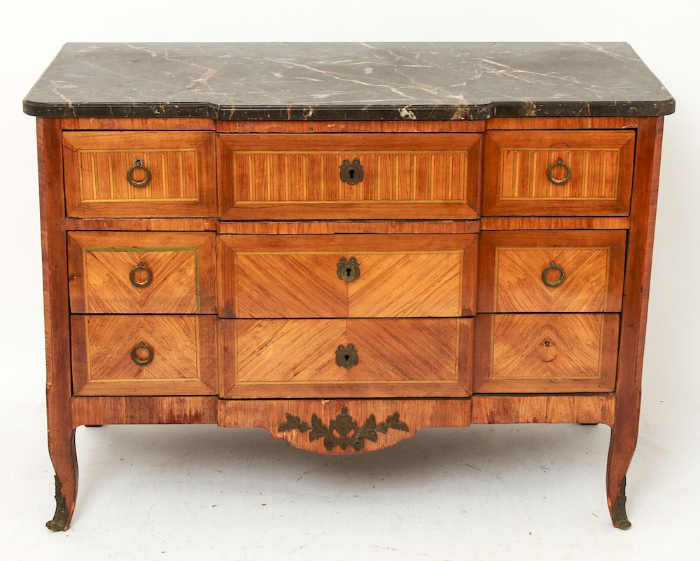 Appraisal: French Marquetry Commode Dresser w Marble Top French marquetry inlay