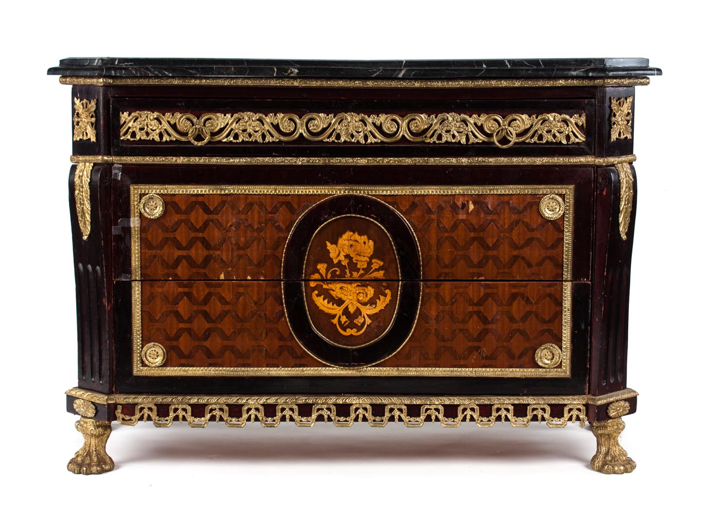 Appraisal: Louis XIV style inlaid commode black variegated marble top cast