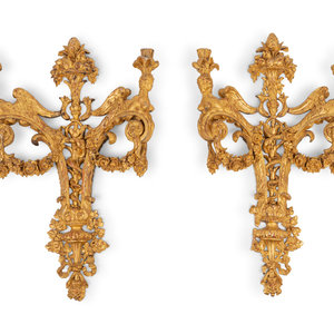 Appraisal: A Pair of Neoclassical Style Giltwood Two-Light Sconces Late th