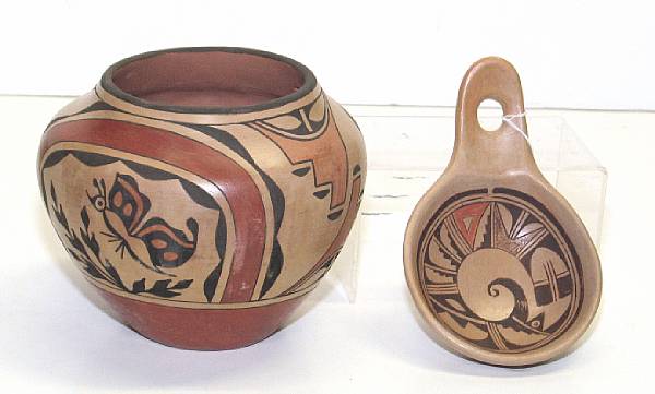 Appraisal: Two Pueblo polychrome pottery items Including a Zia jar Ruby