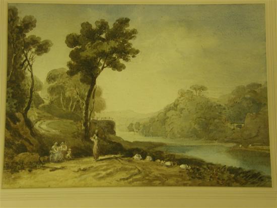 Appraisal: Landscape with figures and sheep by a river unsigned watercolour