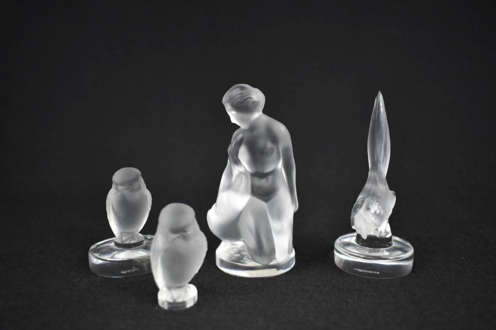 Appraisal: THREE LALIQUE GLASS BIRDS FIGURE OF LEDAModern Each signed in