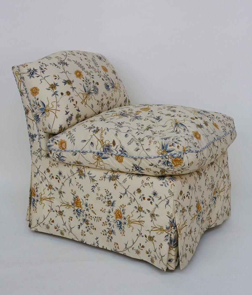 Appraisal: Creme and Floral Upholstered Slipper Chair Creme and Floral Upholstered