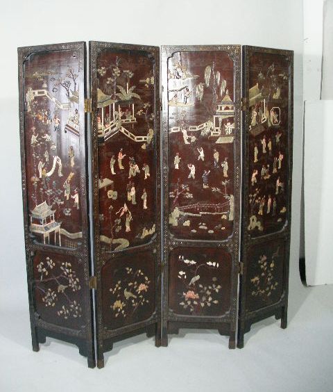 Appraisal: Antique Chinese Brown Lacquer Screen four panels connected w brass