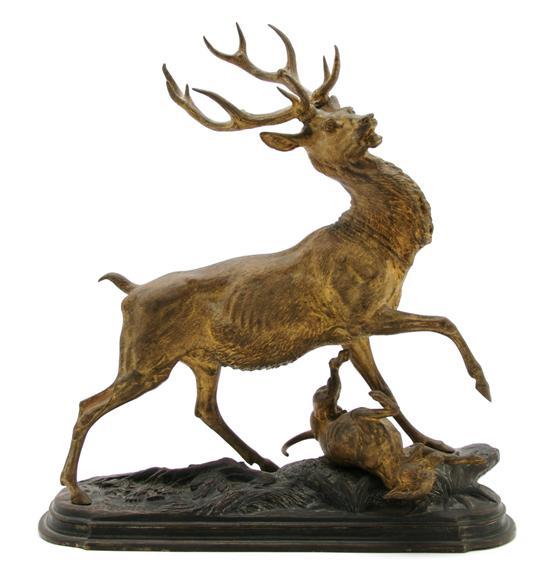 Appraisal: A Bronze Figural Group of Stag and Hound Fighting After