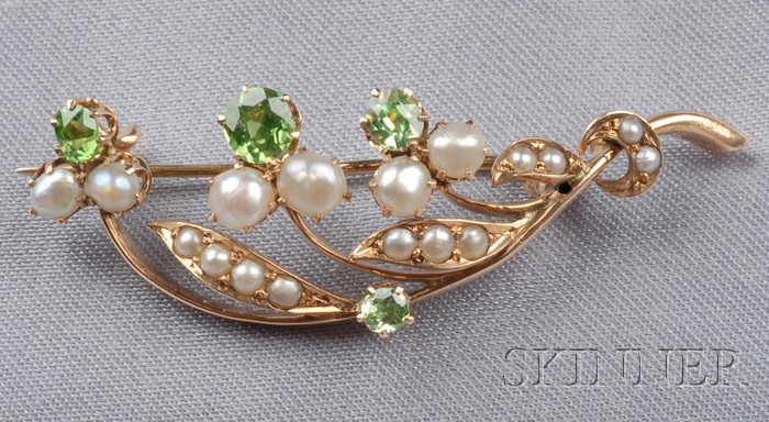 Appraisal: Antique Demantoid Garnet and Seed Pearl Pin Russia designed as