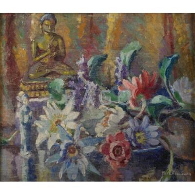 Appraisal: STILL LIFE WITH BUDDHA th c Oil on canvas framed