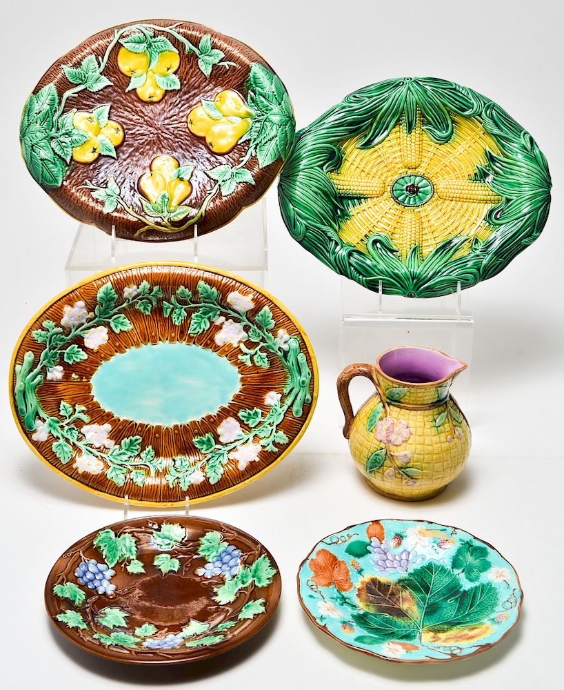 Appraisal: Majolica Dishes Trays and Pitcher Pieces Majolica dishes trays and