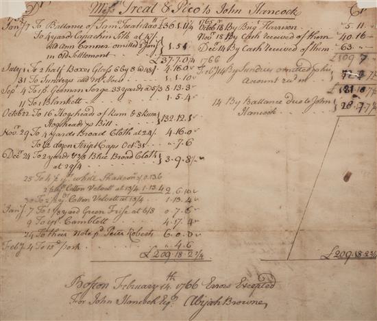 Appraisal: Sale Lot HANCOCK JOHN A manuscript account ledger from Joshua