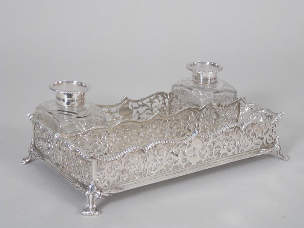 Appraisal: A Victorian Gallery Inkstand with gadroon rims engraved crest fitted