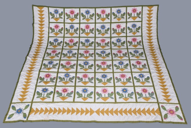 Appraisal: a th c King-Size Quilt Hand-stitched floral panels with green