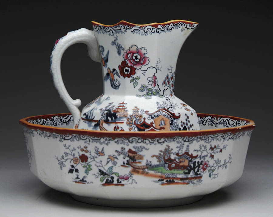 Appraisal: GOOD DECORATED PITCHER AND BOWL BY MASON Blue mark to