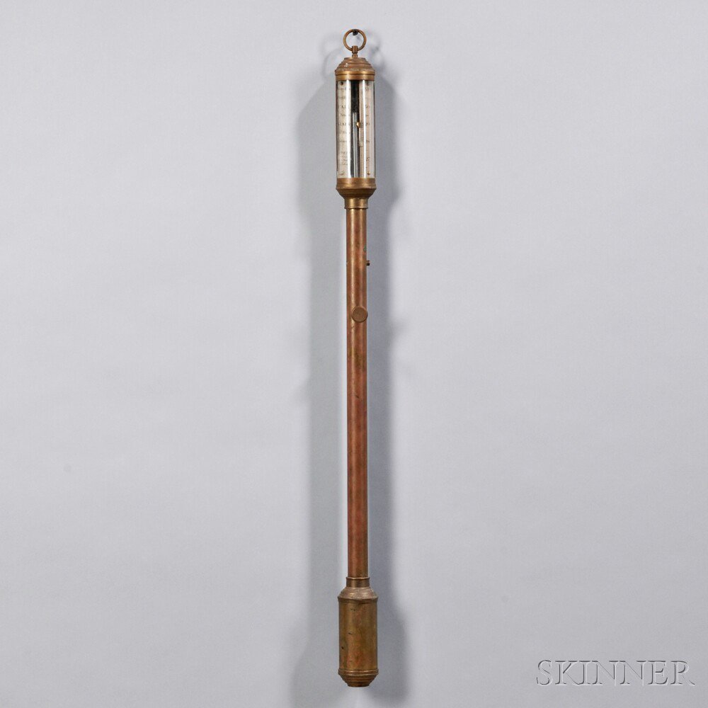 Appraisal: Brass Stick Barometer Lisbon Portugal silvered scale engraved J J