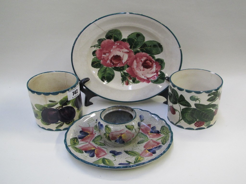 Appraisal: Wemyss raspberry and plum preserve pots rose decorated plate and