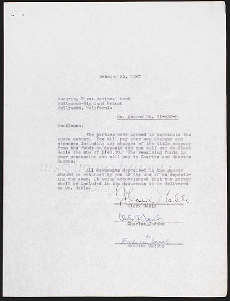 Appraisal: A Clark Gable signed document A one page typed letter