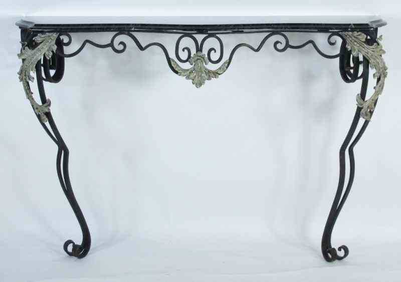 Appraisal: Iron and Marble Console Tablegreen shape marble top over scroll