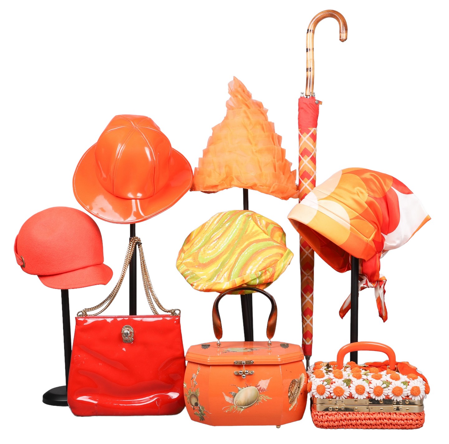 Appraisal: 's Orange hat and accessories grouping to include Ruth Saetz