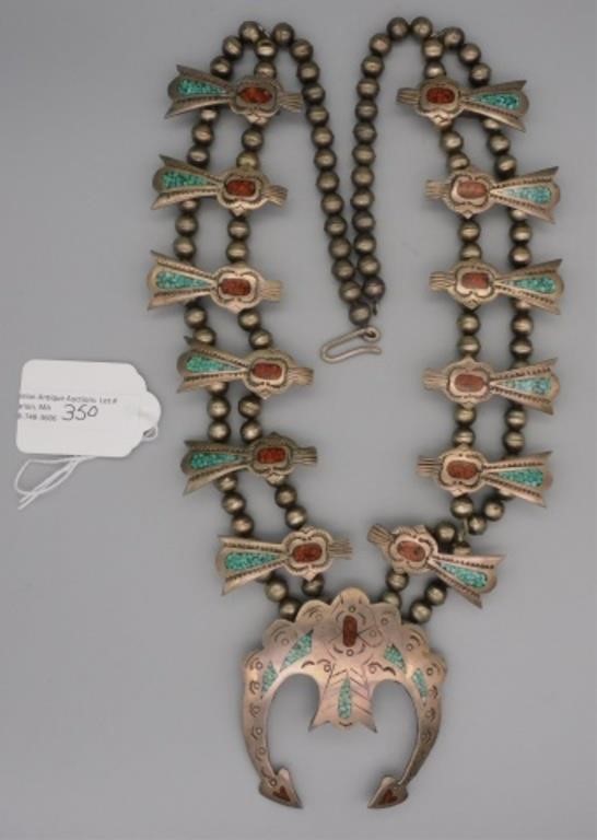 Appraisal: SQUASH BLOSSOM NECKLACE TH CENTURY AMERICANSouthwest Peyote bird design pawn