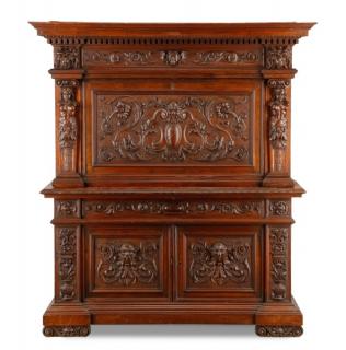 Appraisal: Highly Carved and Stained Oak Drop Front Bar Continental possibly