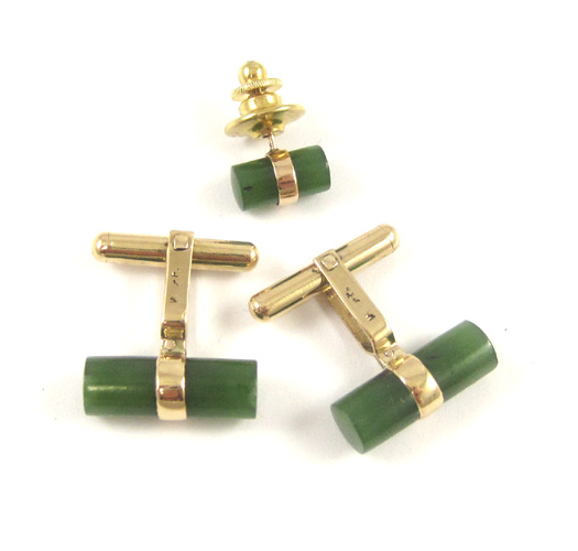 Appraisal: MAN'S THREE PIECE JADE JEWELRY SET including a pair of