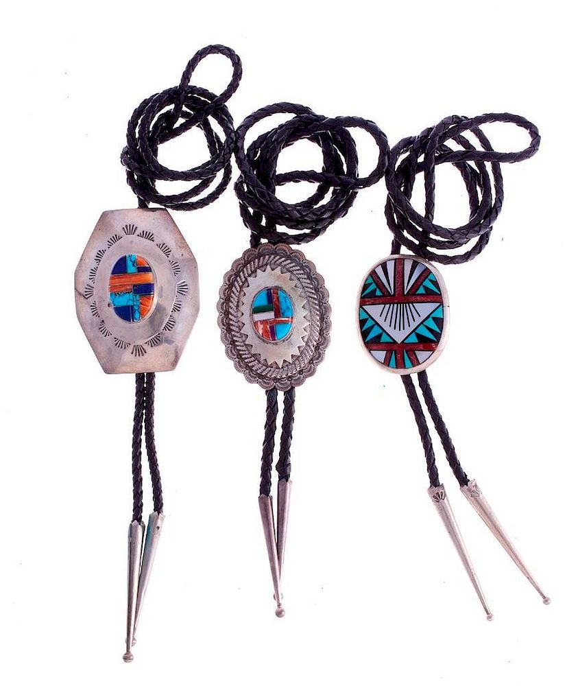 Appraisal: ZUNI BOLOS Three VintageZuni bolos turquoise hard stone and silver